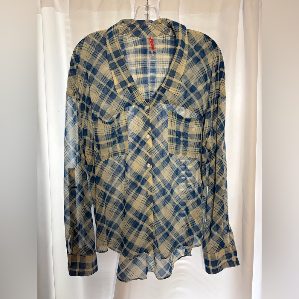FREE PEOPLE Cream & Blue Gingham Plaid Sheer Blouse Sz L